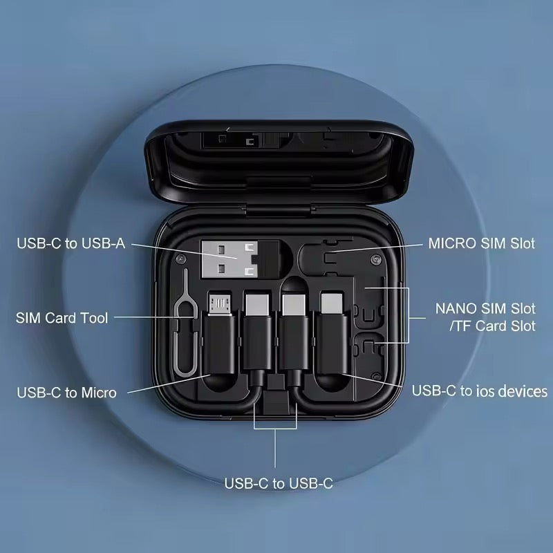 6-in-1 Data Cable Storage Box with 60W Fast Charger & Phone Holder